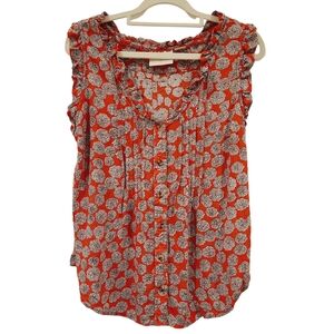 Maeve By Anthropologie Red Floral Ruffle Trim Button Down Blouse